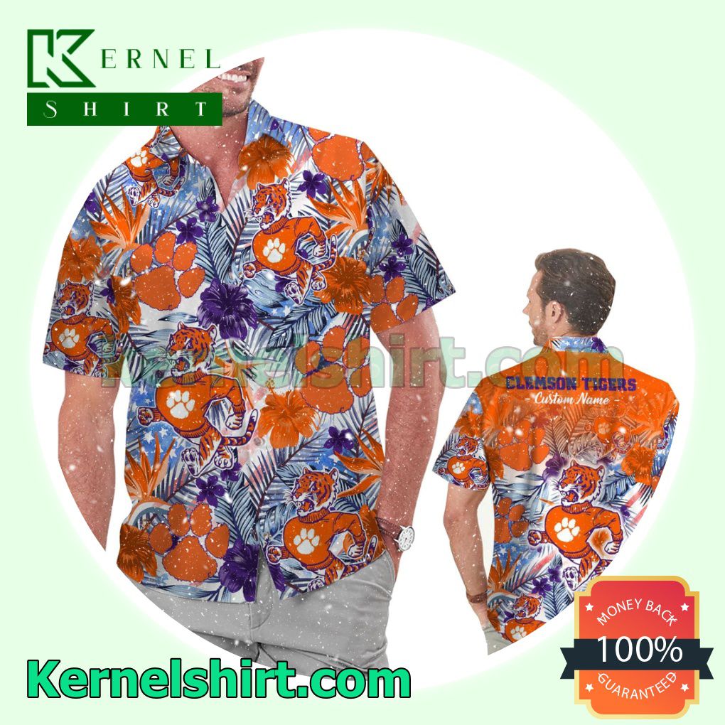Personalized Clemson Tigers Tropical Floral America Flag For NCAA Football Lovers Clemson University Summer Hawaiian Shirt