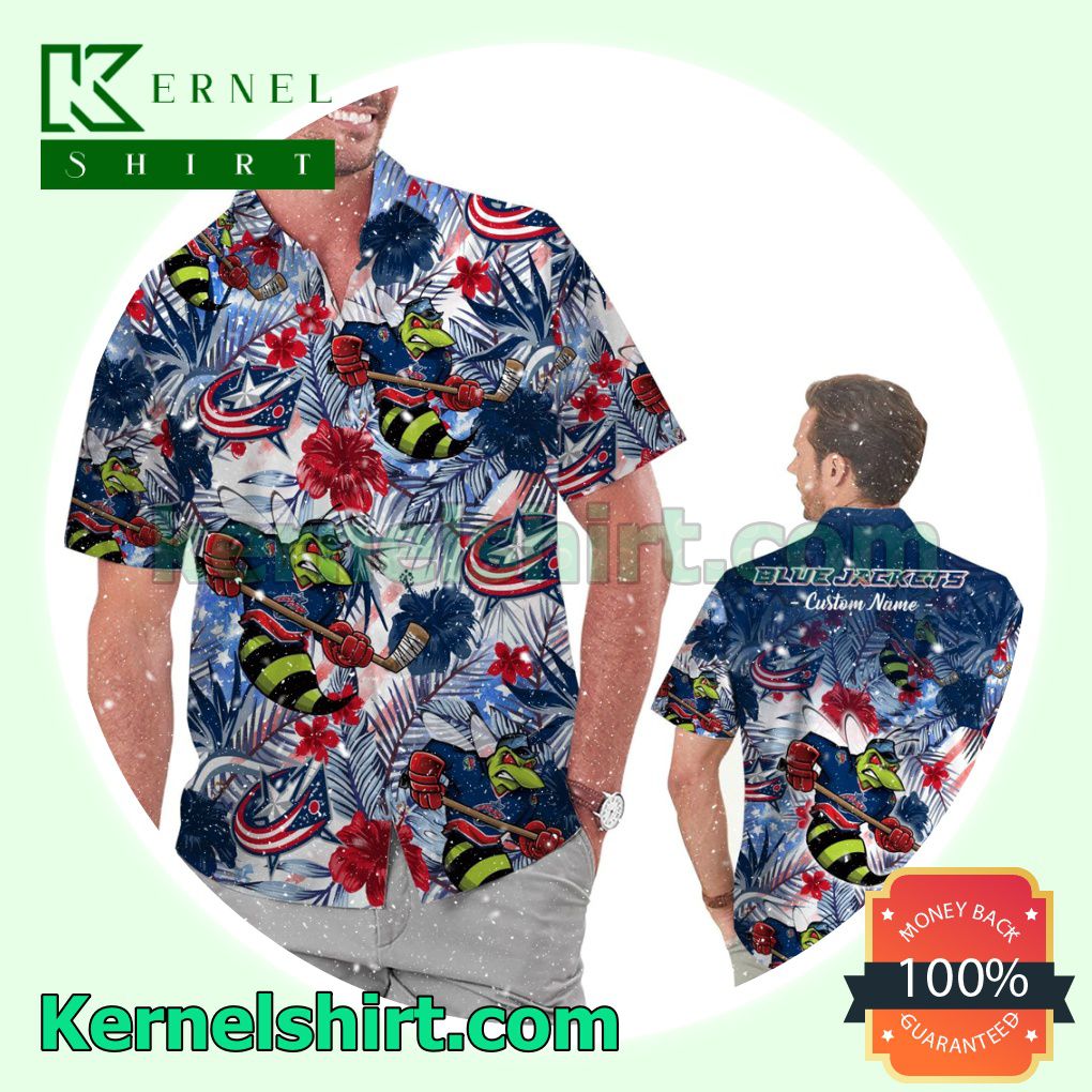 Personalized Columbus Blue Jackets Tropical Floral America Flag Summer Hawaiian Shirt