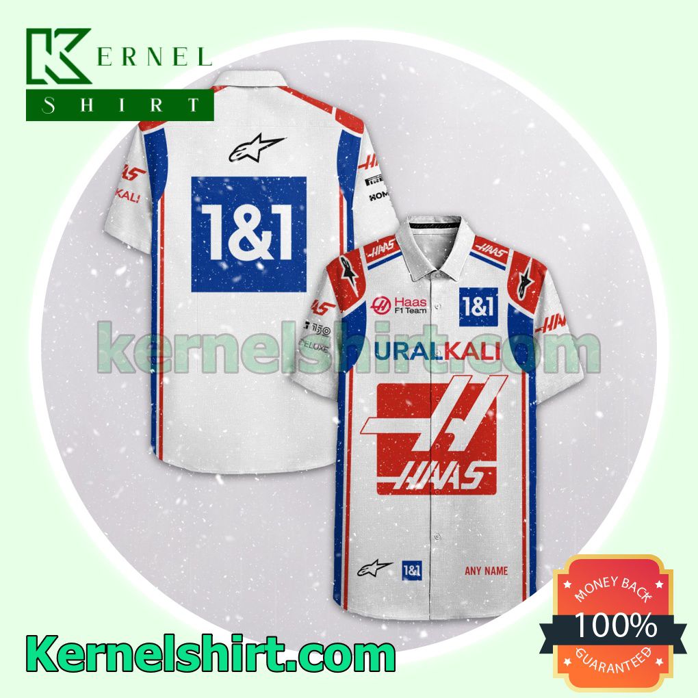 Personalized Haas F1 Racing Uralkali 1&1 Alpinestars White Aloha Beach Hawaiian Shirt b