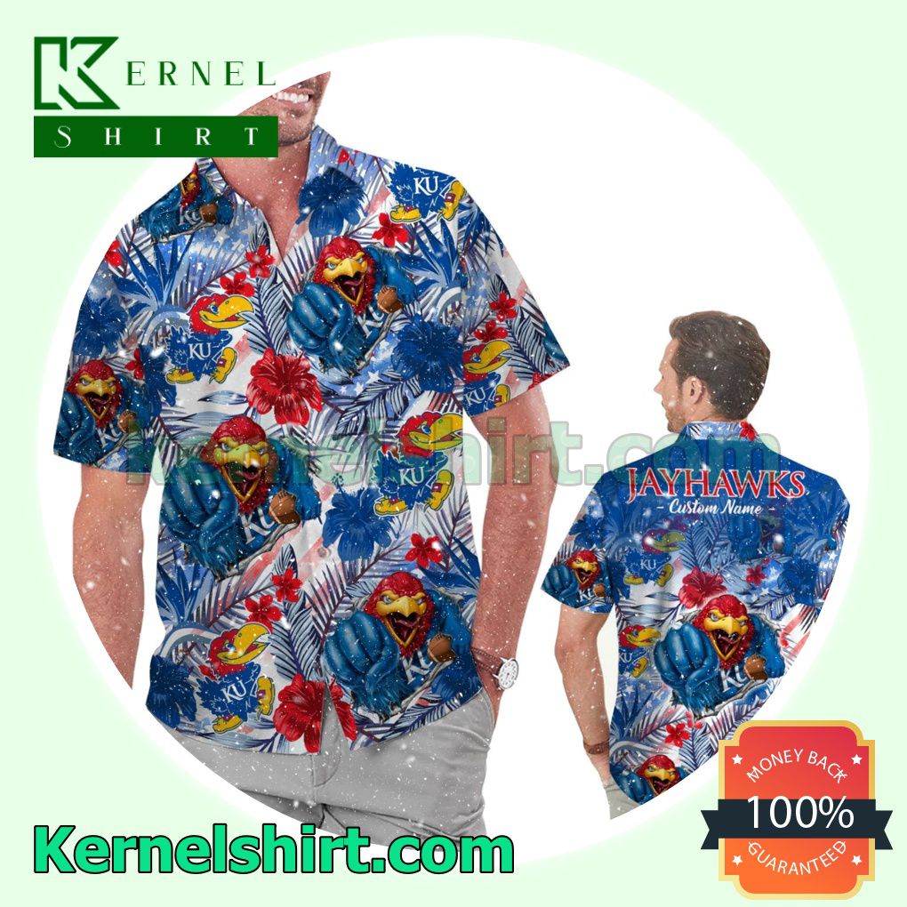 Personalized Kansas Jayhawks Tropical Floral America Flag For NCAA Football Lovers University of Kansas Summer Hawaiian Shirt