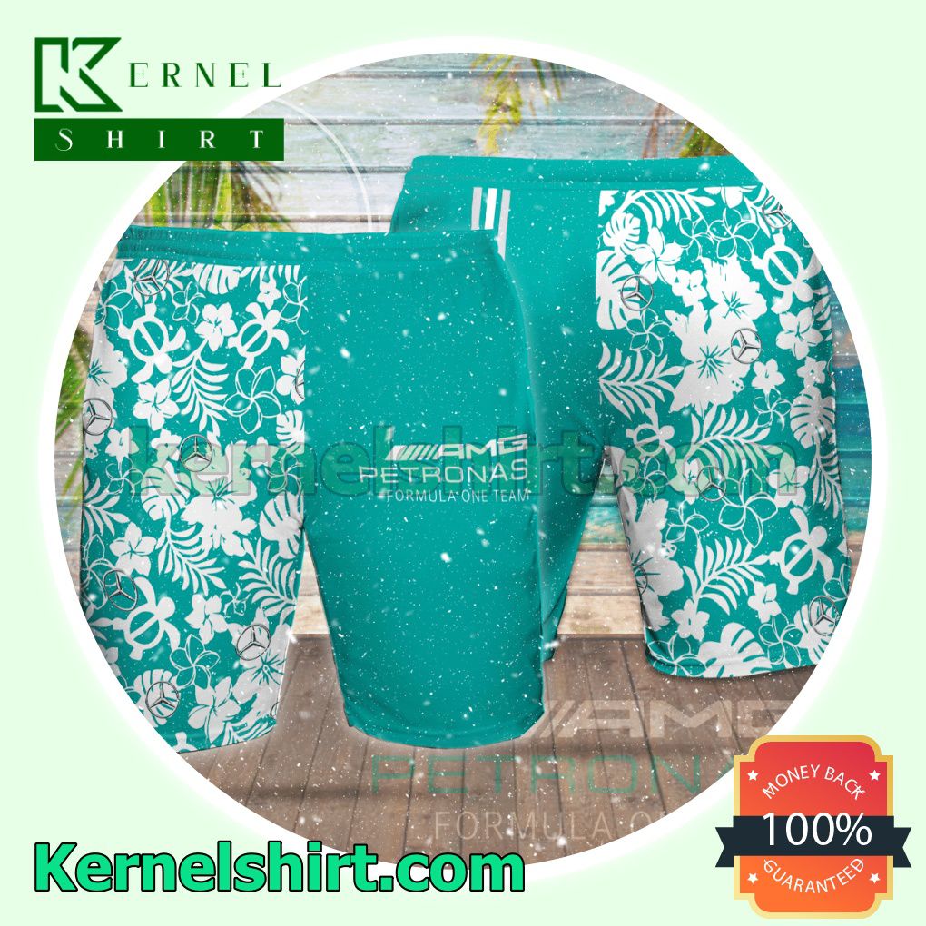 Check out Personalized Mercedes AMG Petronas F1 Flowery Turquoise Aloha Beach Hawaiian Shirt