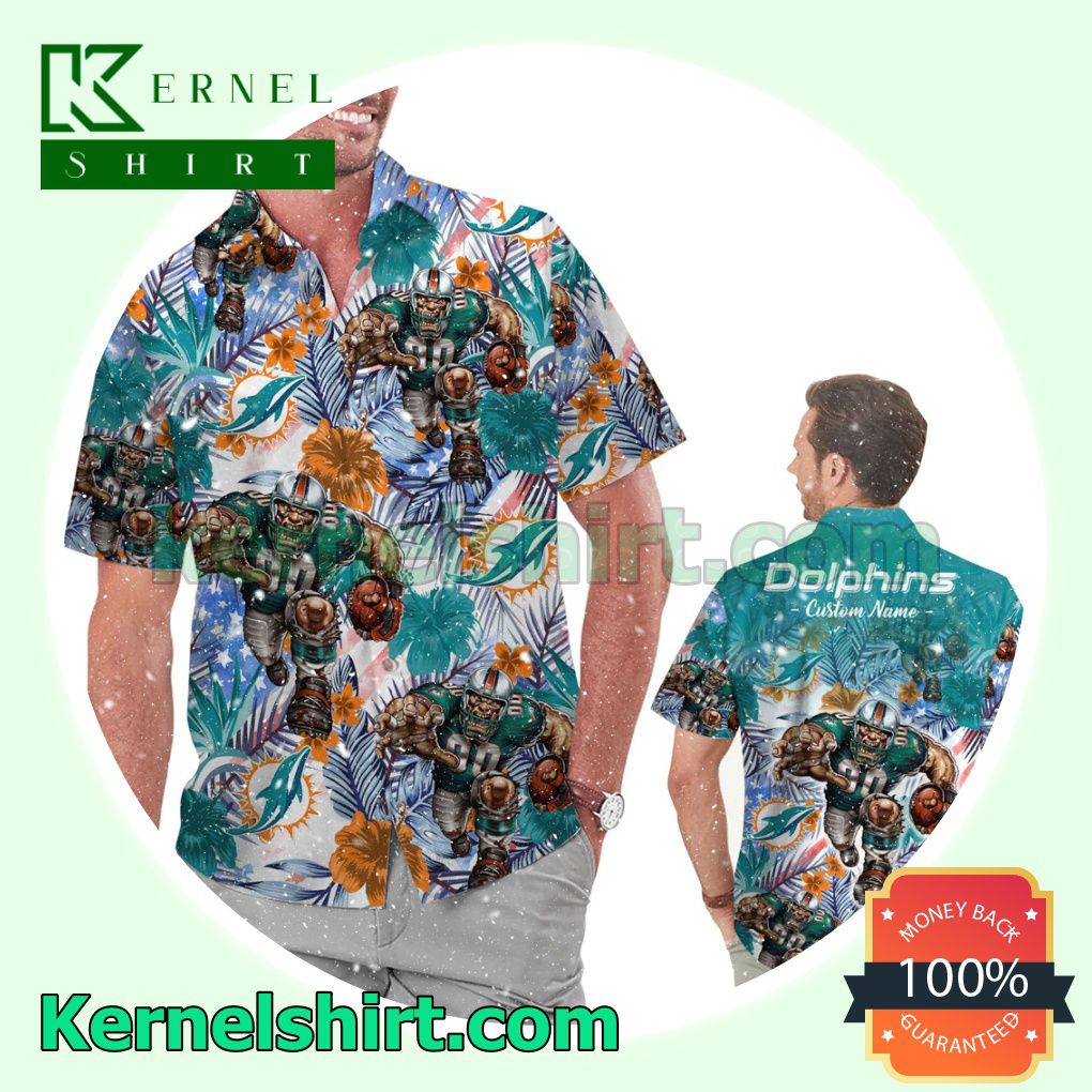 Personalized Miami Dolphins Tropical Floral America Flag Aloha Summer Hawaiian Shirt