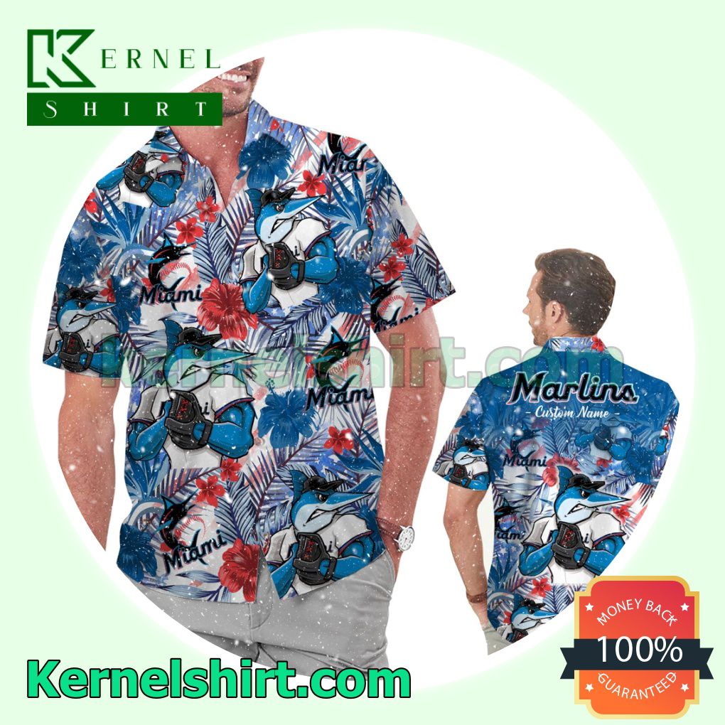 Personalized Miami Marlins Tropical Floral America Flag For MLB Football Lovers Summer Hawaiian Shirt
