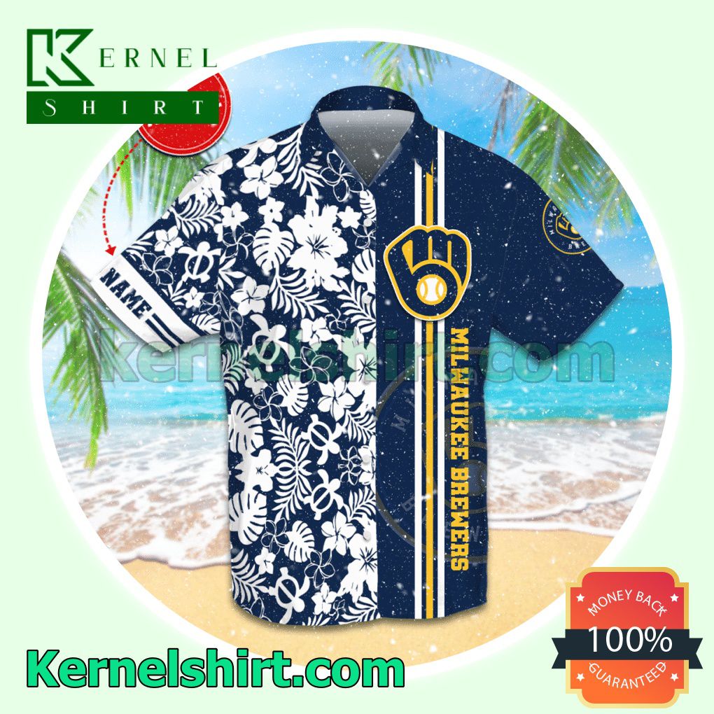 Personalized Milwaukee Brewers Flowery Navy Aloha Beach Hawaiian Shirt