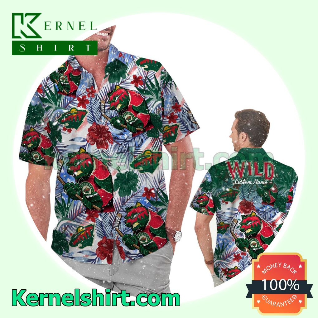 Personalized Minnesota Wild Tropical Floral America Flag Summer Hawaiian Shirt