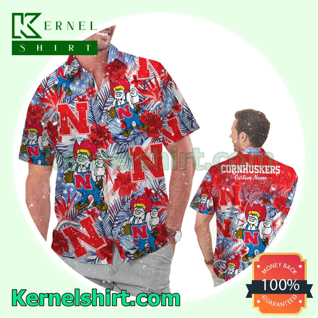Personalized Nebraska Cornhuskers Tropical Floral America Flag For NCAA Football Lovers Summer Hawaiian Shirt
