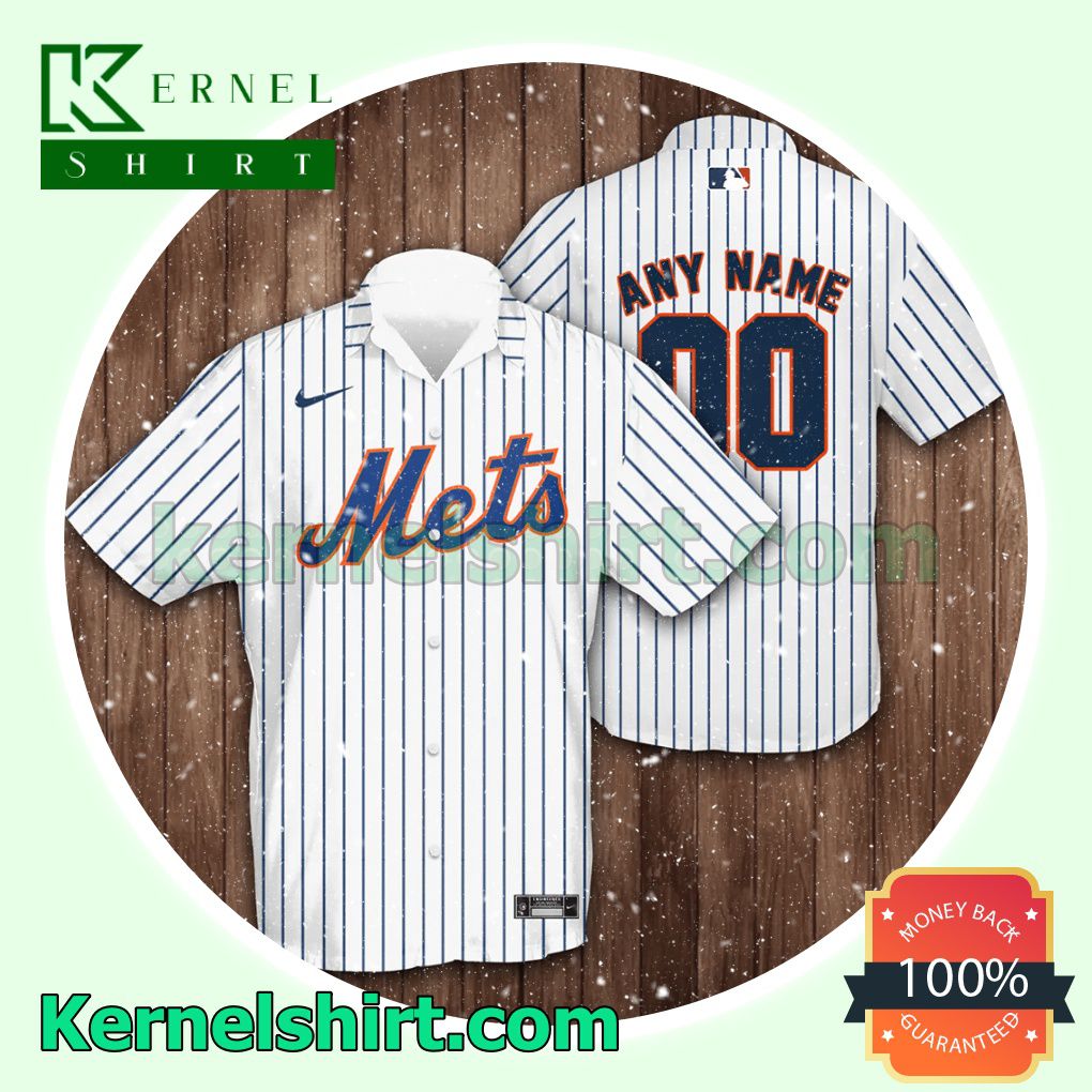 Personalized New York Mets Baseball Pinstripe Baseball White Aloha Beach Hawaiian Shirt