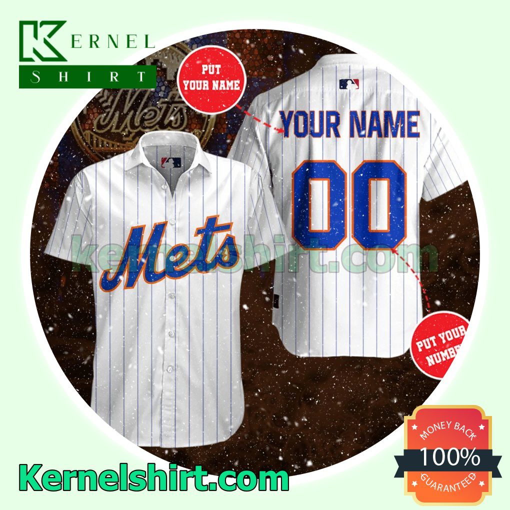 Personalized New York Mets Pinstripe White Aloha Beach Hawaiian Shirt