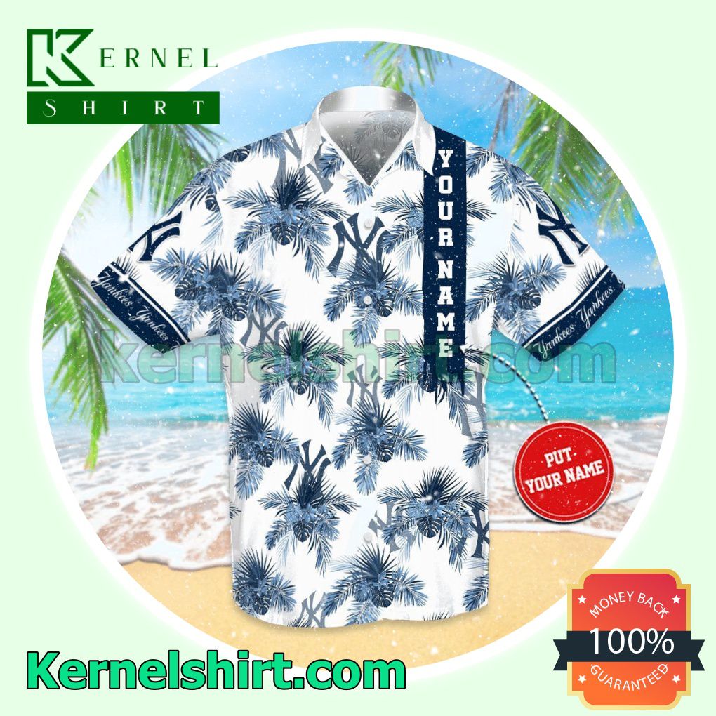Personalized New York Yankees Palm Leaves White Aloha Beach Hawaiian Shirt