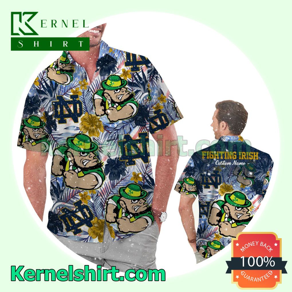 Personalized Notre Dame Fighting Irish Tropical Floral America Flag For NCAA Football Lovers Summer Hawaiian Shirt