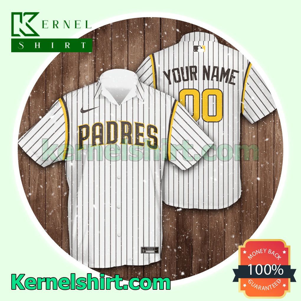 Personalized San Diego Padres Baseball Pinstripe Baseball White Aloha Beach Hawaiian Shirt