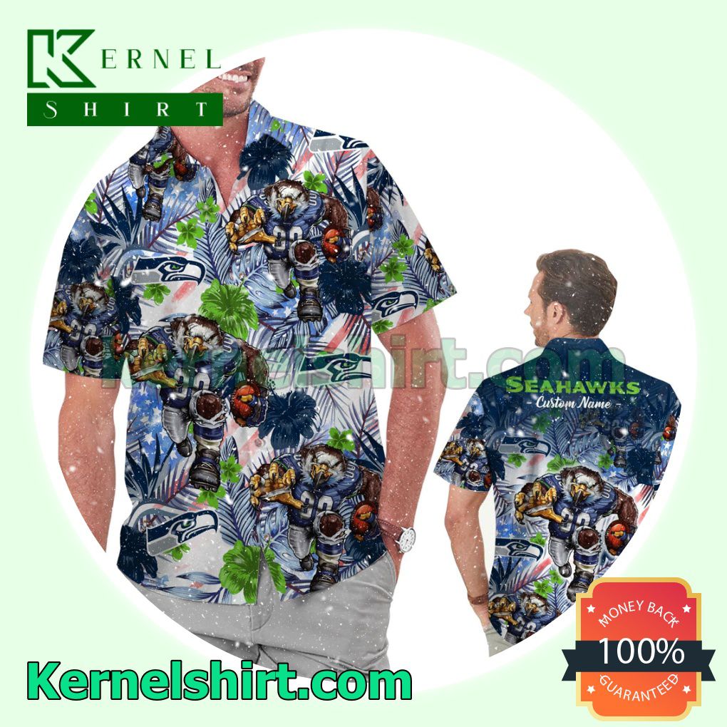 Personalized Seattle Seahawks Tropical Floral America Flag Aloha Summer Hawaiian Shirt