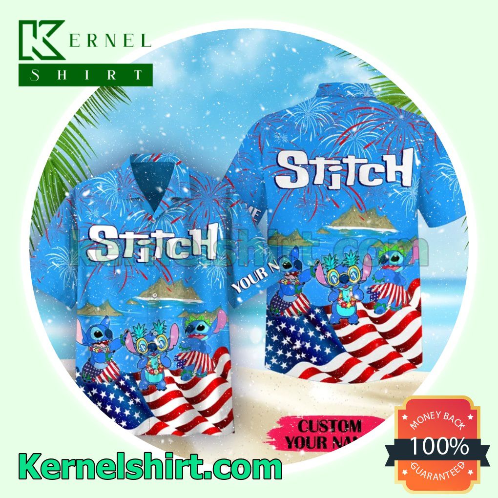 Personalized Stitch American Flag Firework Independence Day Blue Beach Shirts