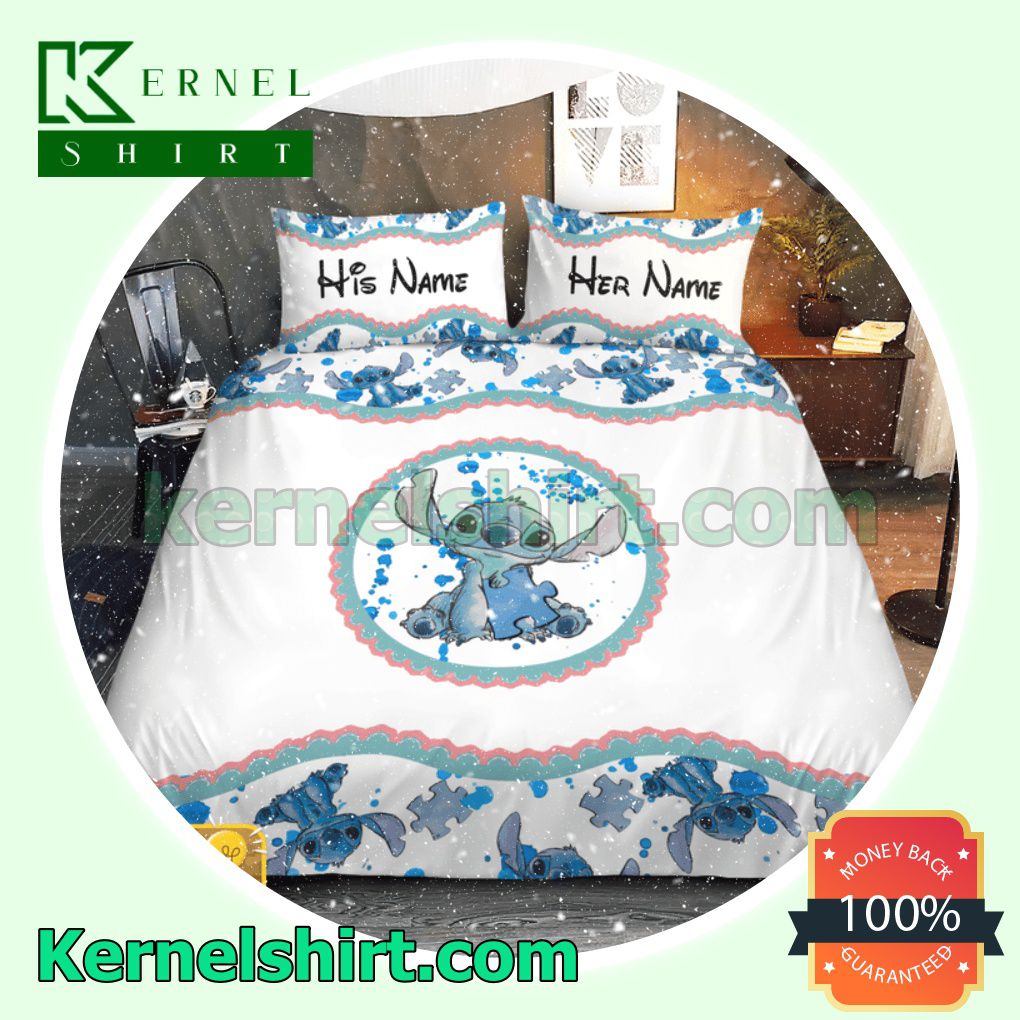 Personalized Stitch Autism Awareness Blue White Queen King Twin Duvet Cover Set a