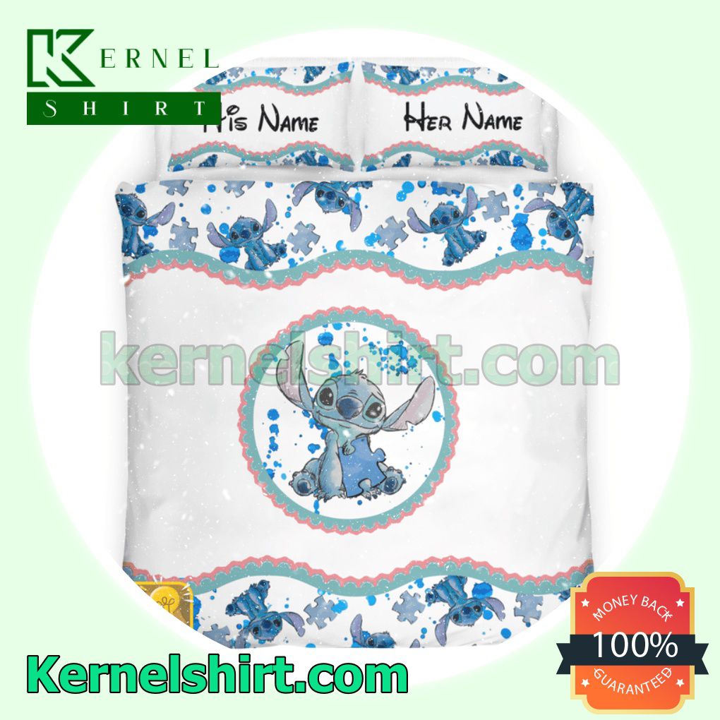Personalized Stitch Autism Awareness Blue White Queen King Twin Duvet Cover Set
