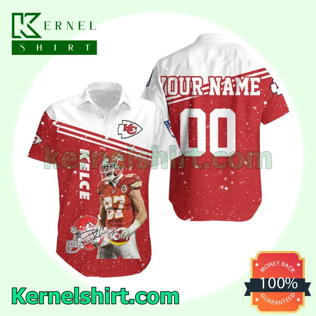 Perfect Personalized Travis Kelce 87 Signature Kansas City Chiefs Red White Beach Shirt