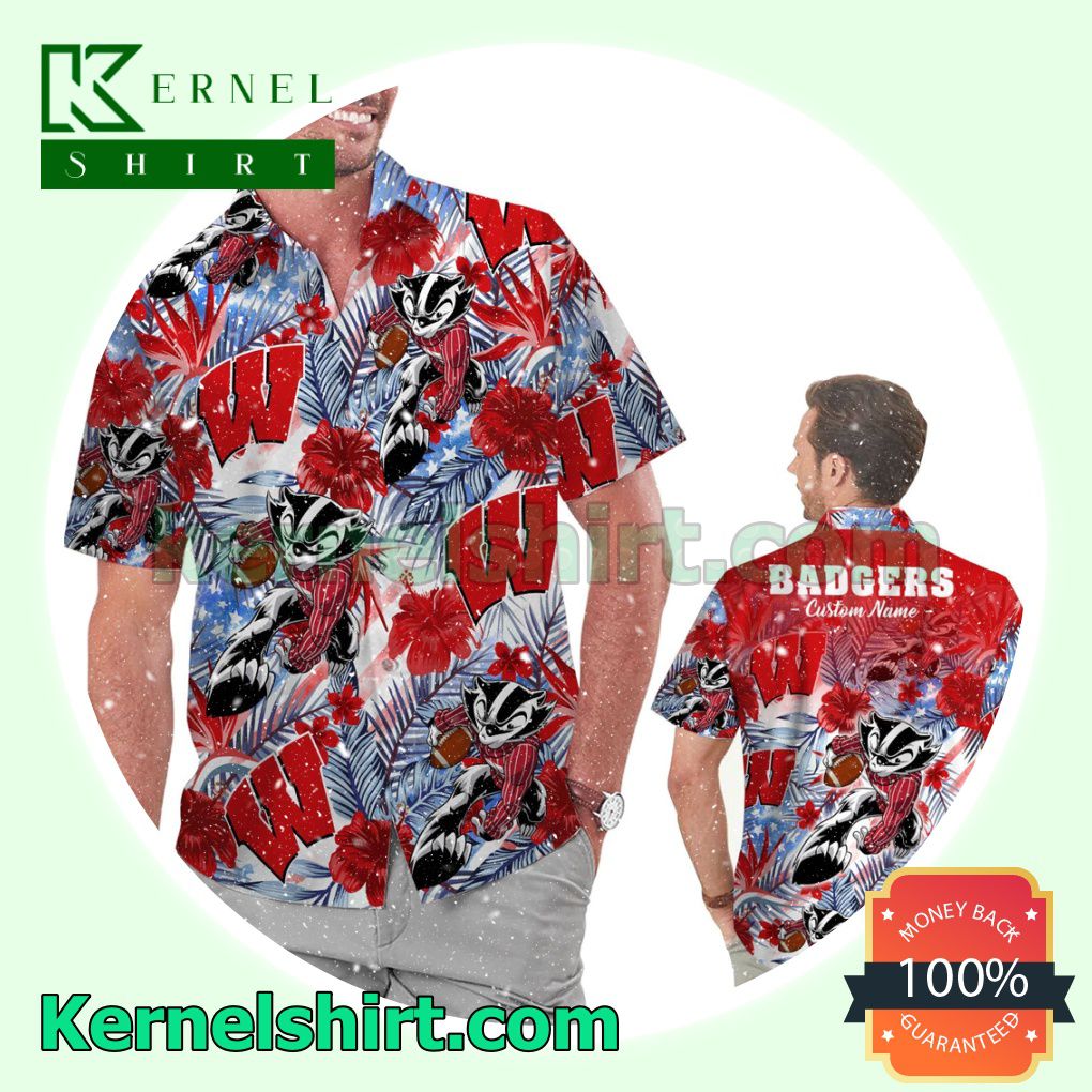 Personalized Wisconsin Badgers Tropical Floral America Flag For NCAA Football Lovers Summer Hawaiian Shirt