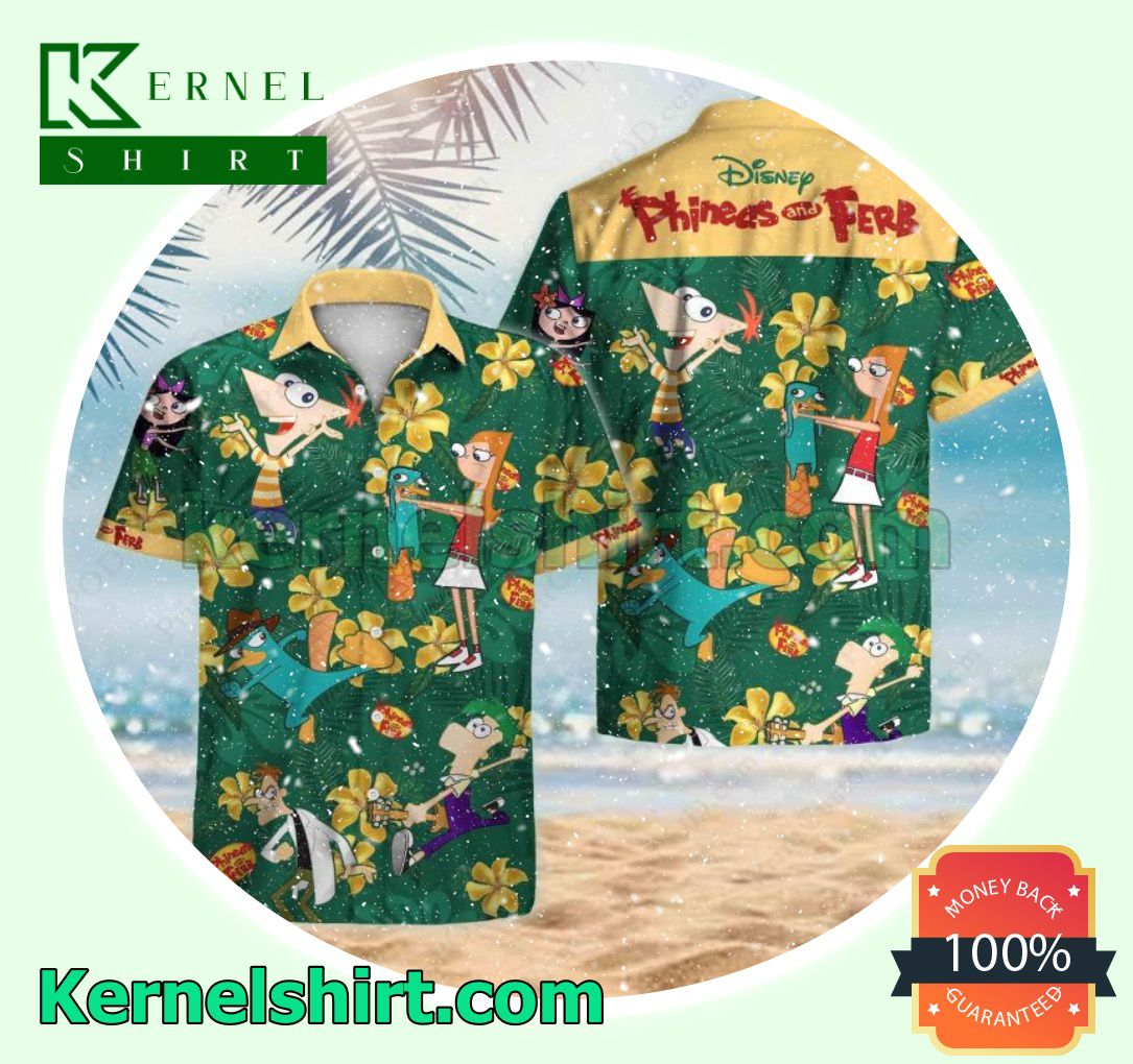 Phineas And Ferb Tropical Forest Green Aloha Beach Hawaiian Shirt