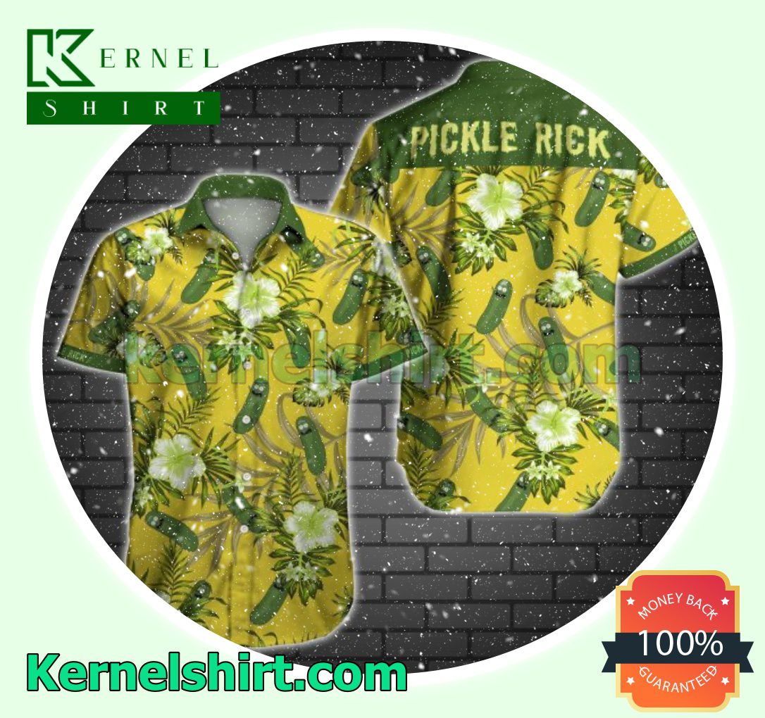 Pickle Rick Green Tropical Floral Yellow Beach Shirt