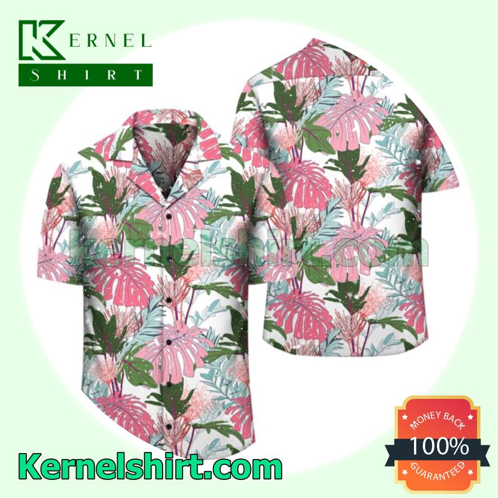 Pink Monstera And Green Tropical Leaves White Beach Shirt