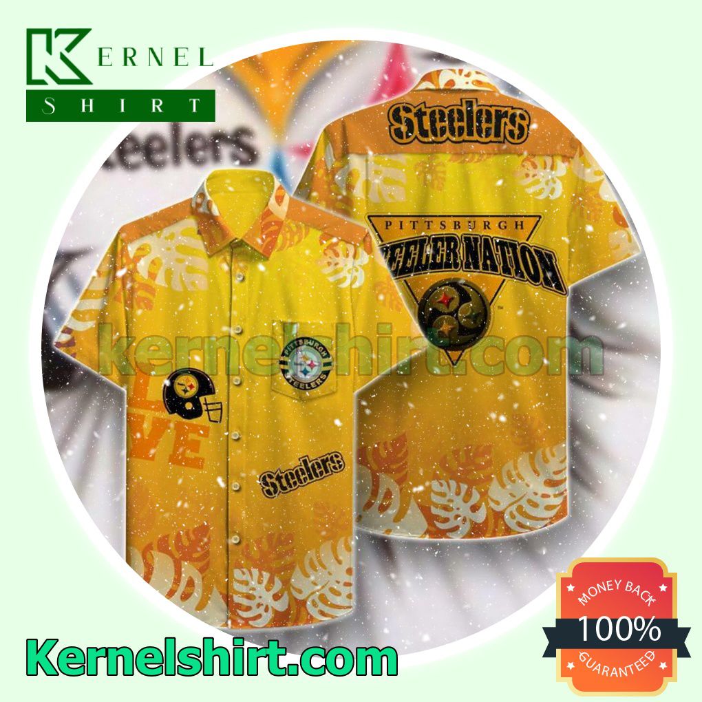 Pittsburgh Steelers Love Leaf Print Yellow Beach Shirt