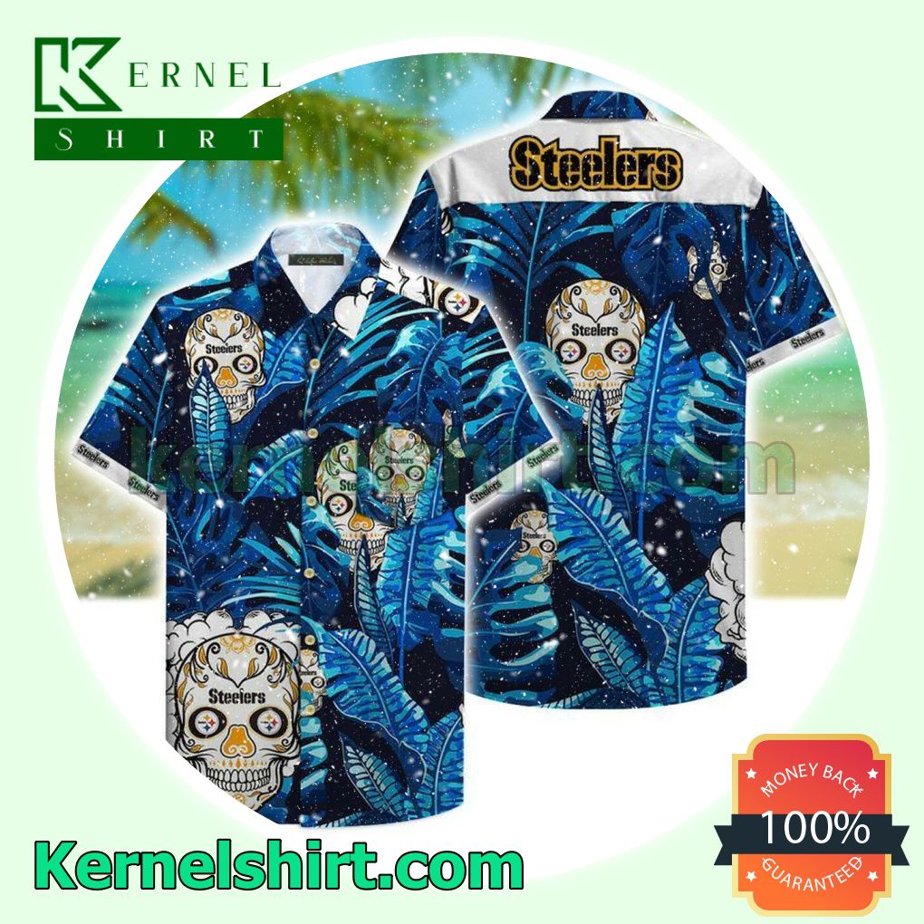 Pittsburgh Steelers Sugar Skull Behind Blue Leaves Beach Shirt