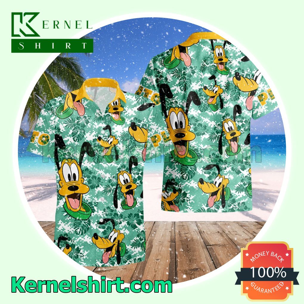 Pluto Dog Costume Disney Green Yellow Aloha Beach Hawaiian Shirt