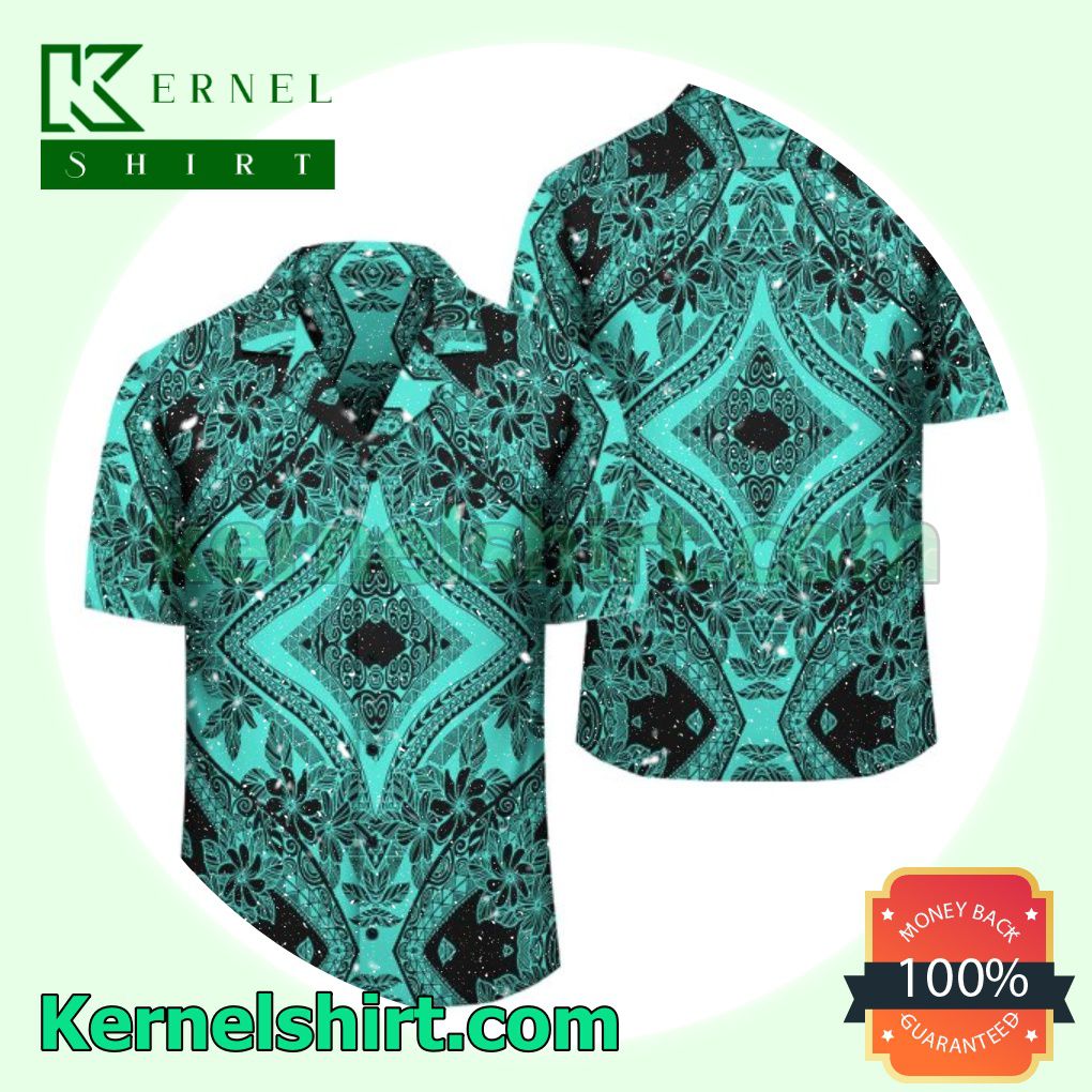 Polynesian Plumeria Mix Turquoise Black Beach Shirt