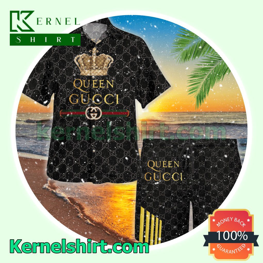 Queen Gucci Black Monogram Luxury Summer Vacation Shirts, Beach Shorts