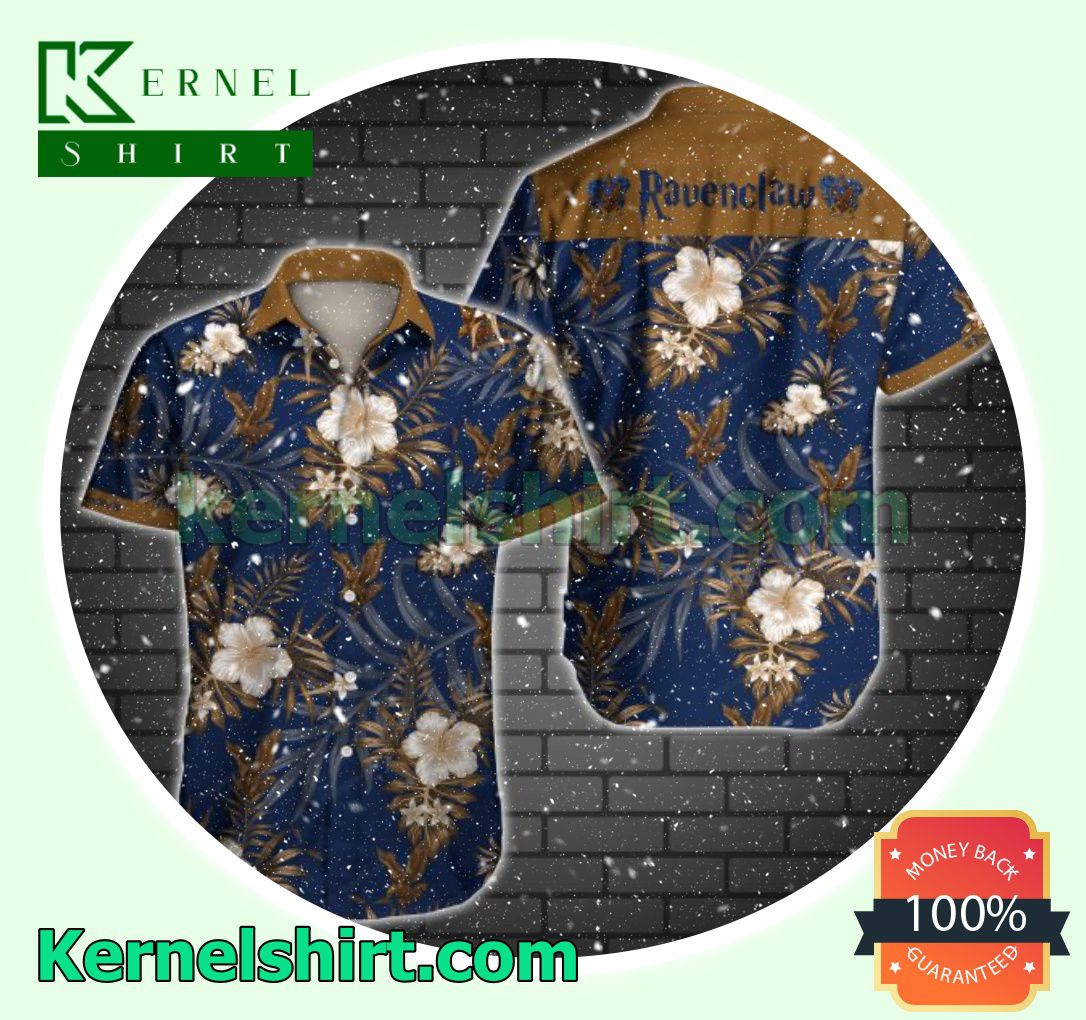 Ravenclaw Brown Tropical Floral Navy Beach Shirt
