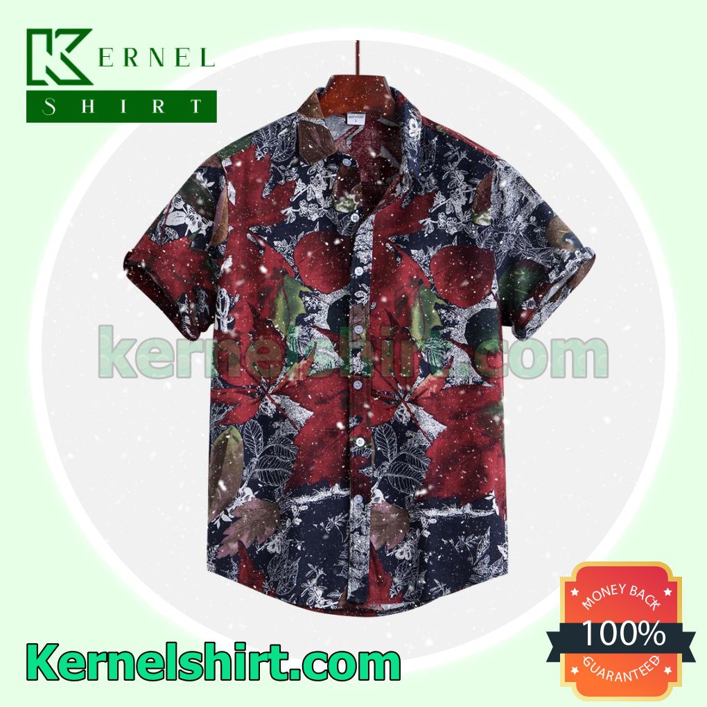 Red Leaf Print Beach Shirts