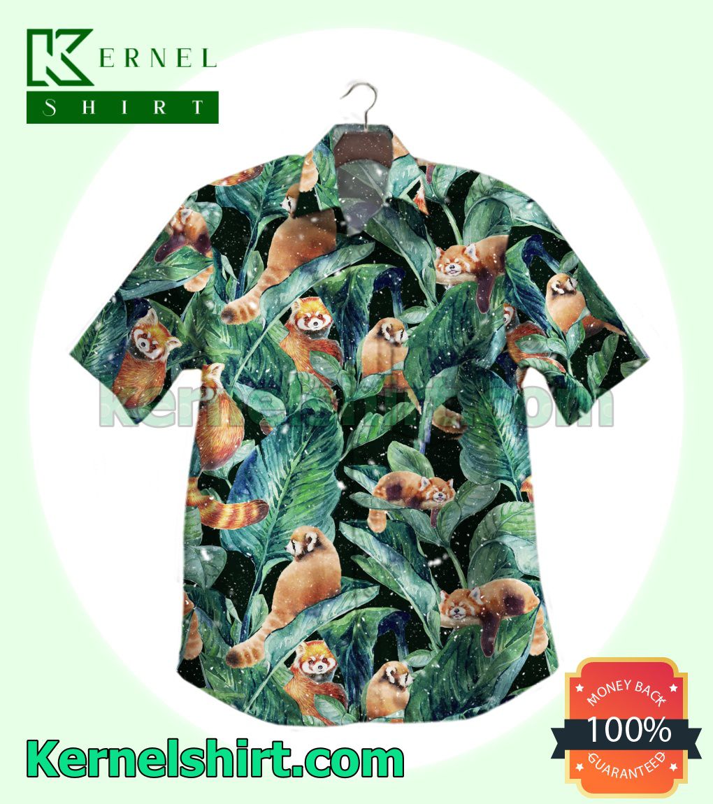 Red Panda With Tropical Leaves Black Beach Shirt