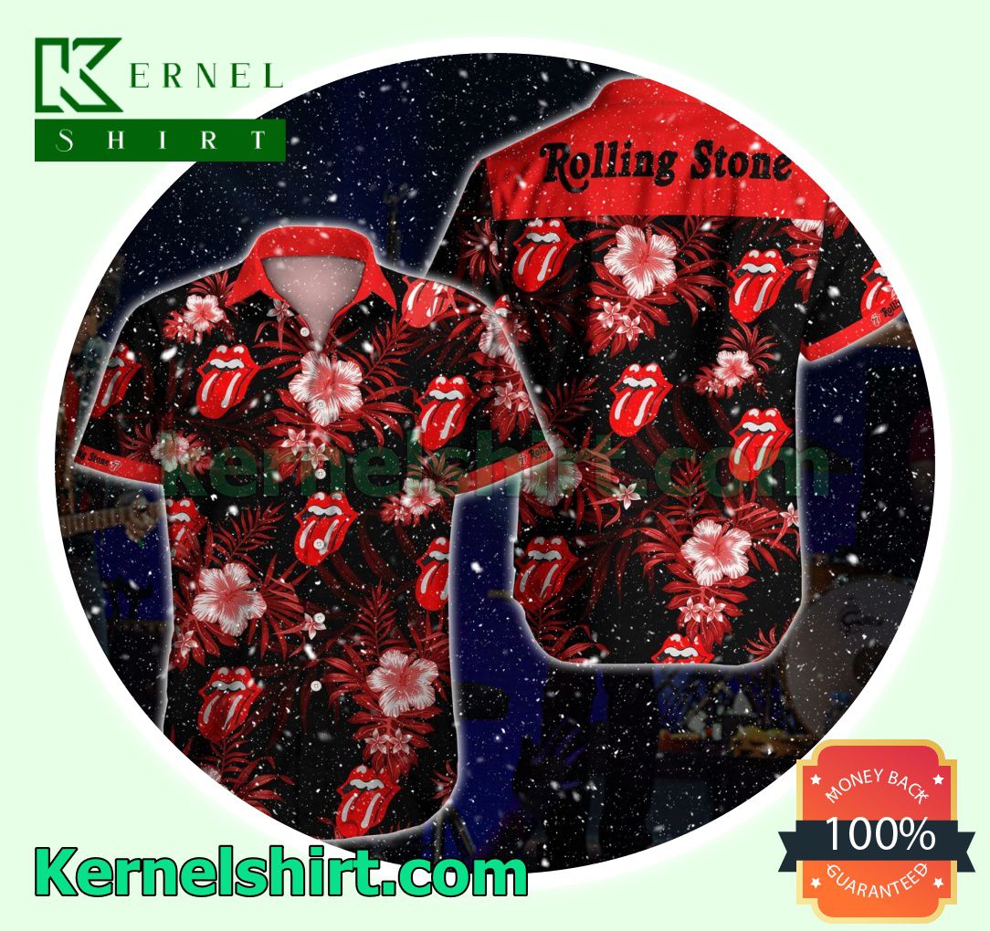 Rolling Stones Hibiscus Palm Leaves Tropical Red Black Beach Shirt