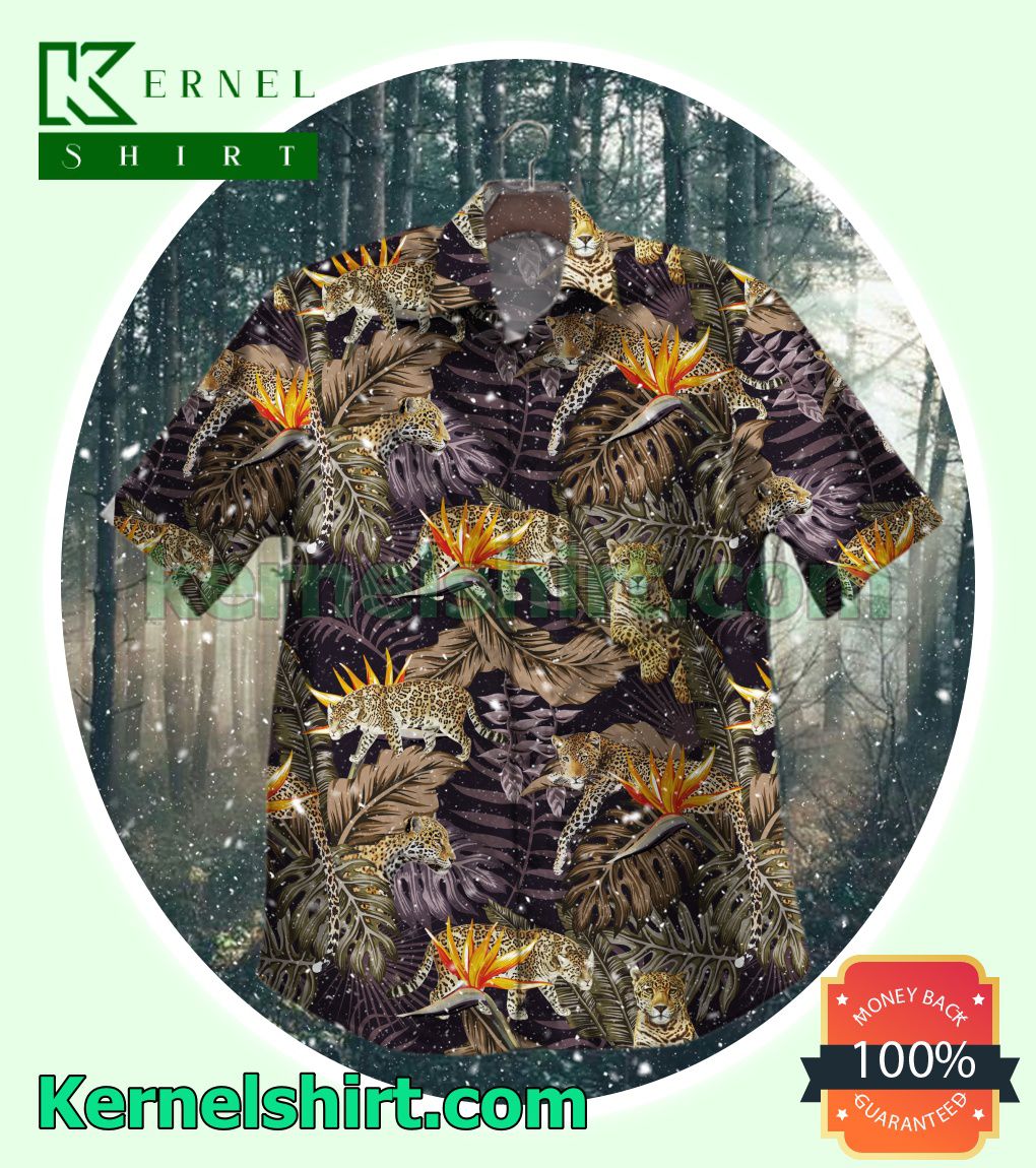 Safari Leopard Tropical Strelitzia Leaf Beach Shirt