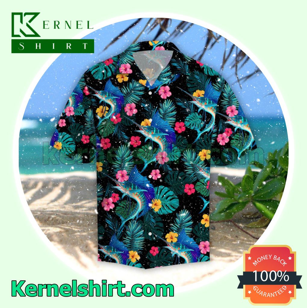 Sailfish Hibiscus Tropical Black Beach Shirt