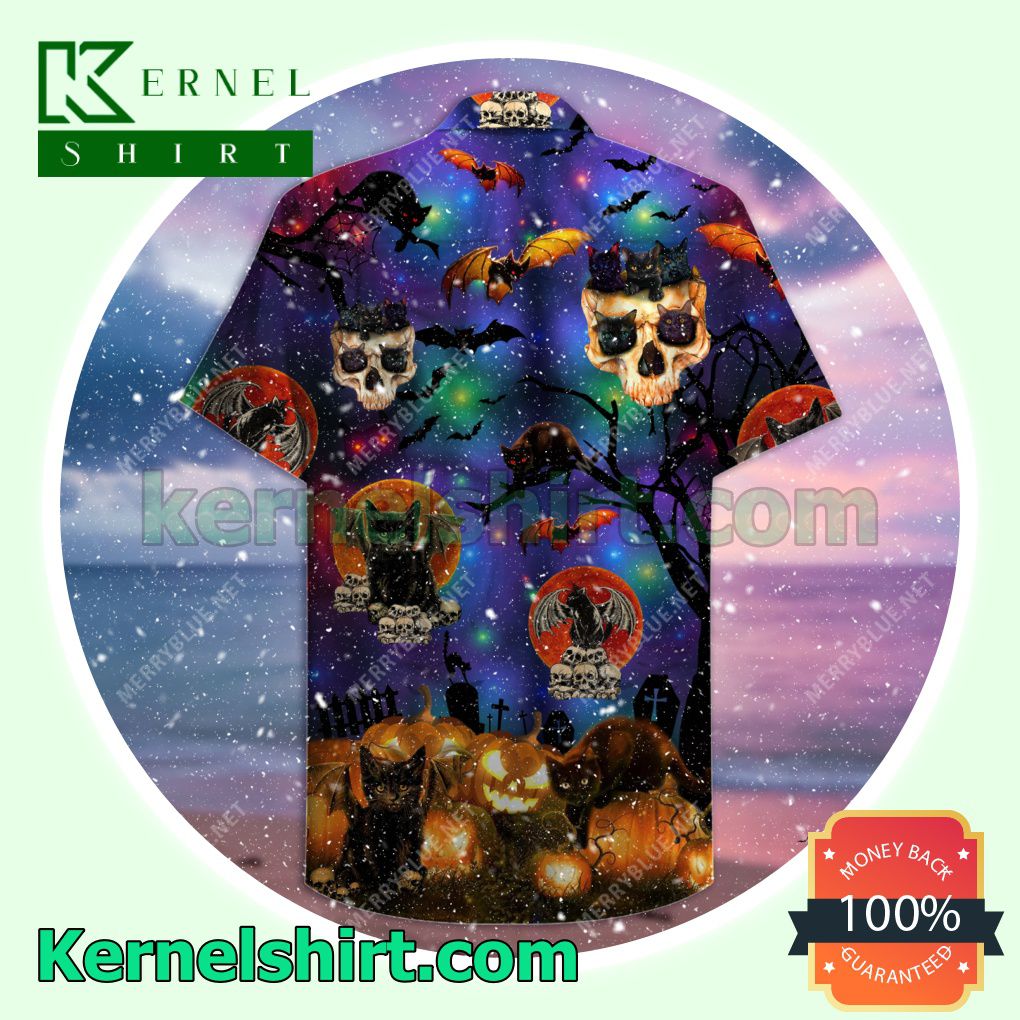 Scary Halloween Black Cat And Skull Beach Shirt