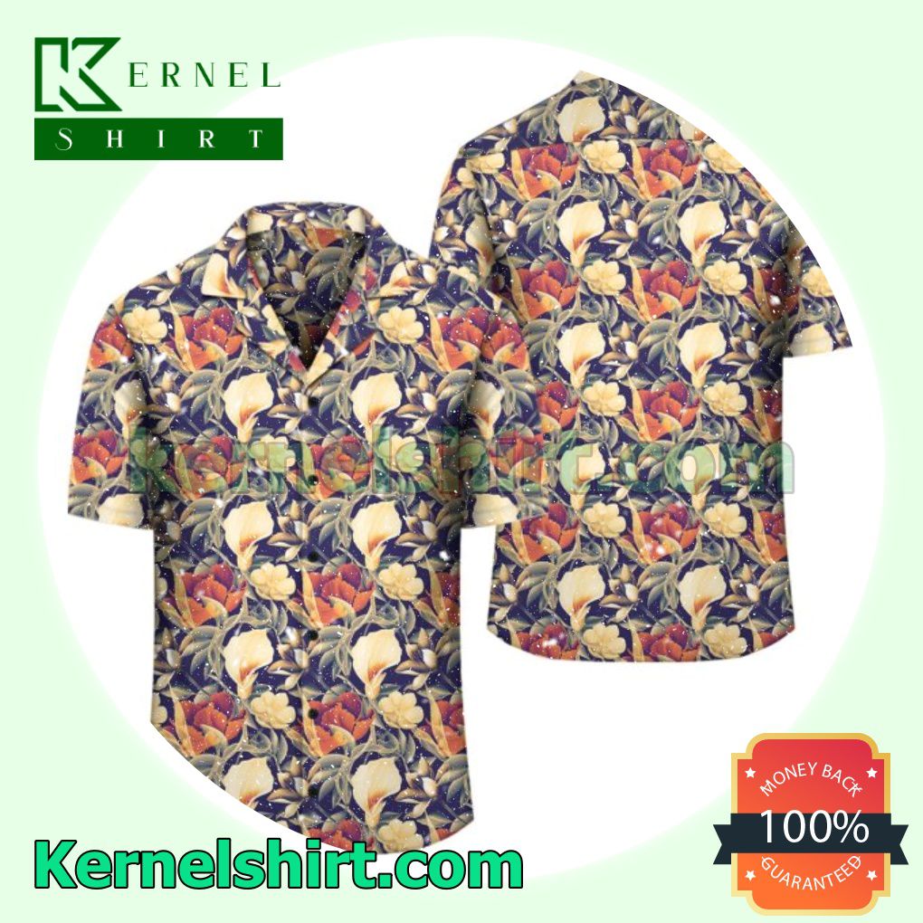 Seamless Tropical Flower Plant And Leaf Pattern Background Beach Shirts