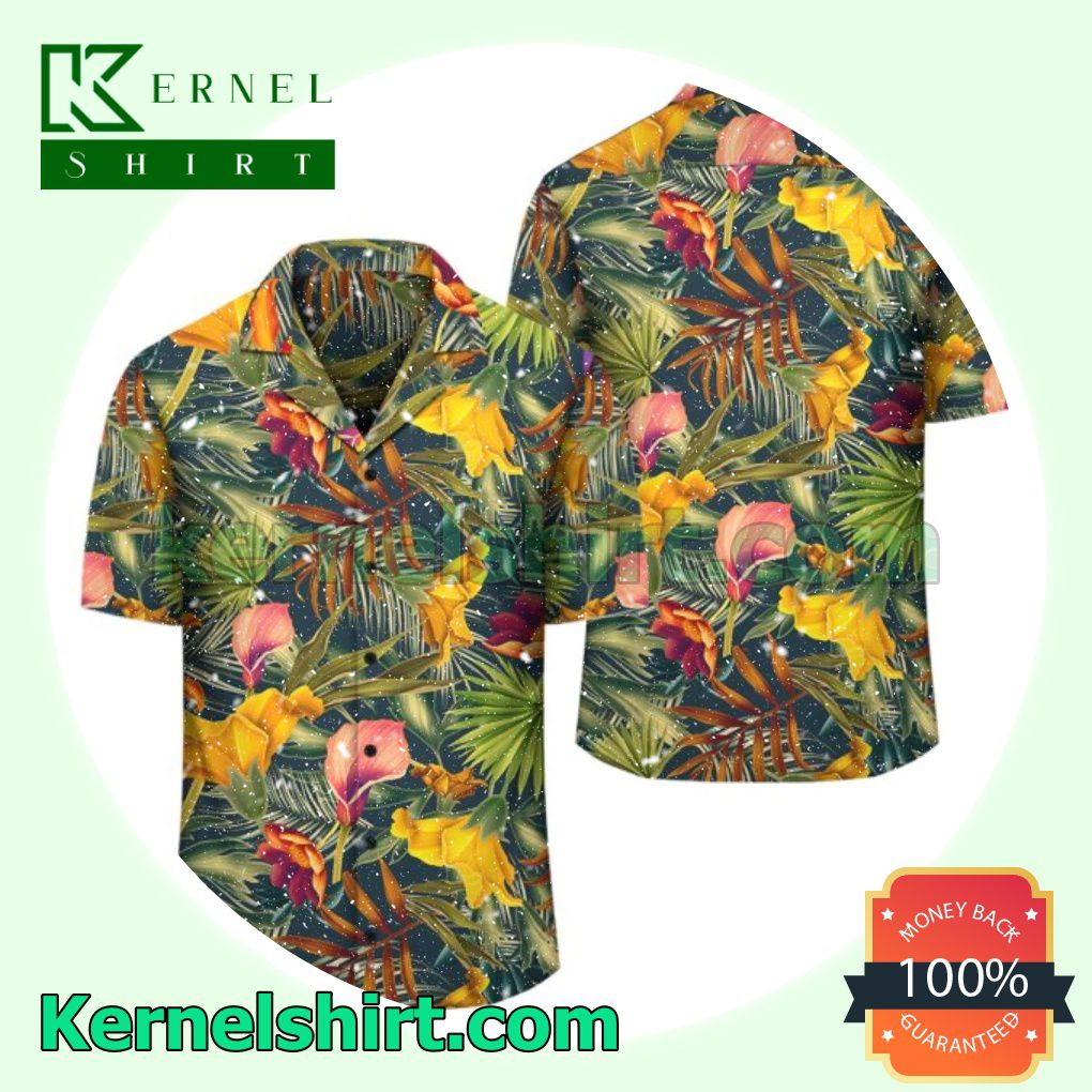 Seamless Tropical Flower Plant And Leaf Pattern Beach Shirt