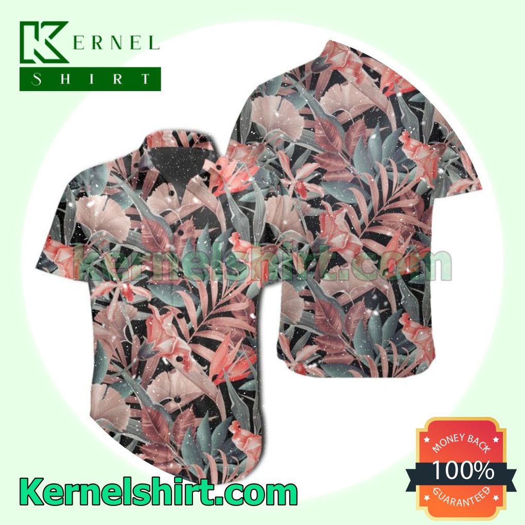 Seamless Tropical Flower Plant Leaf Pattern Black Beach Shirts