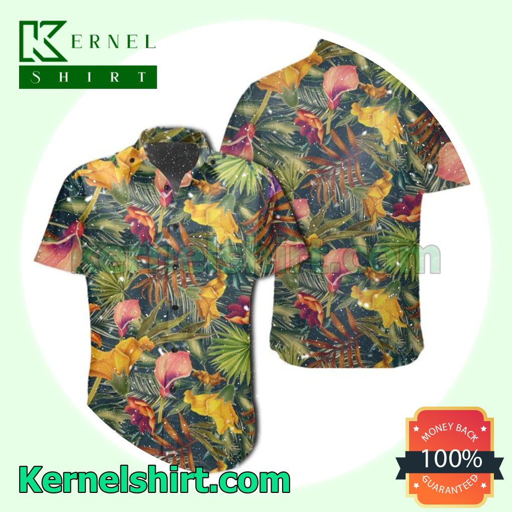 Seamless Tropical Flower Plant Leaf Pattern Green Beach Shirts