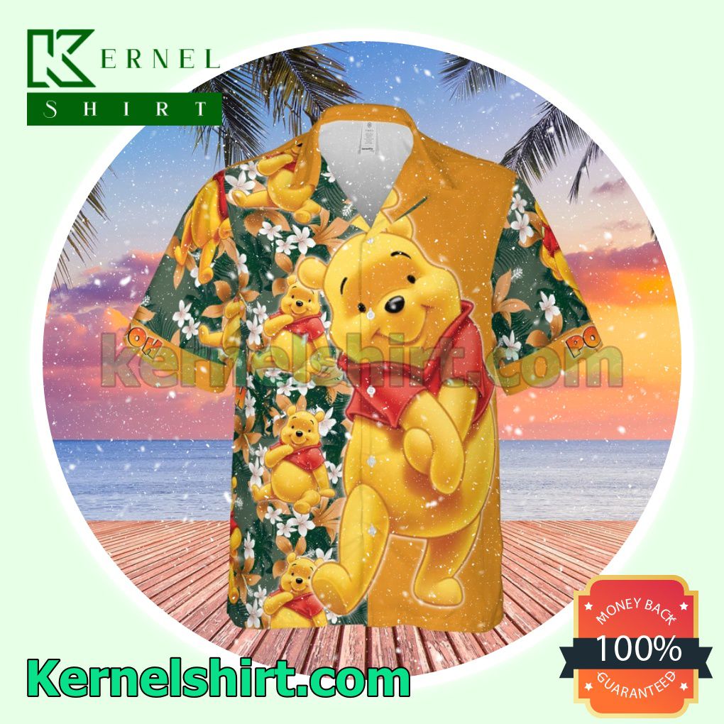 Shy Winnie The Pooh Disney Cartoon Graphics Floral Pattern Orange Aloha Beach Hawaiian Shirt