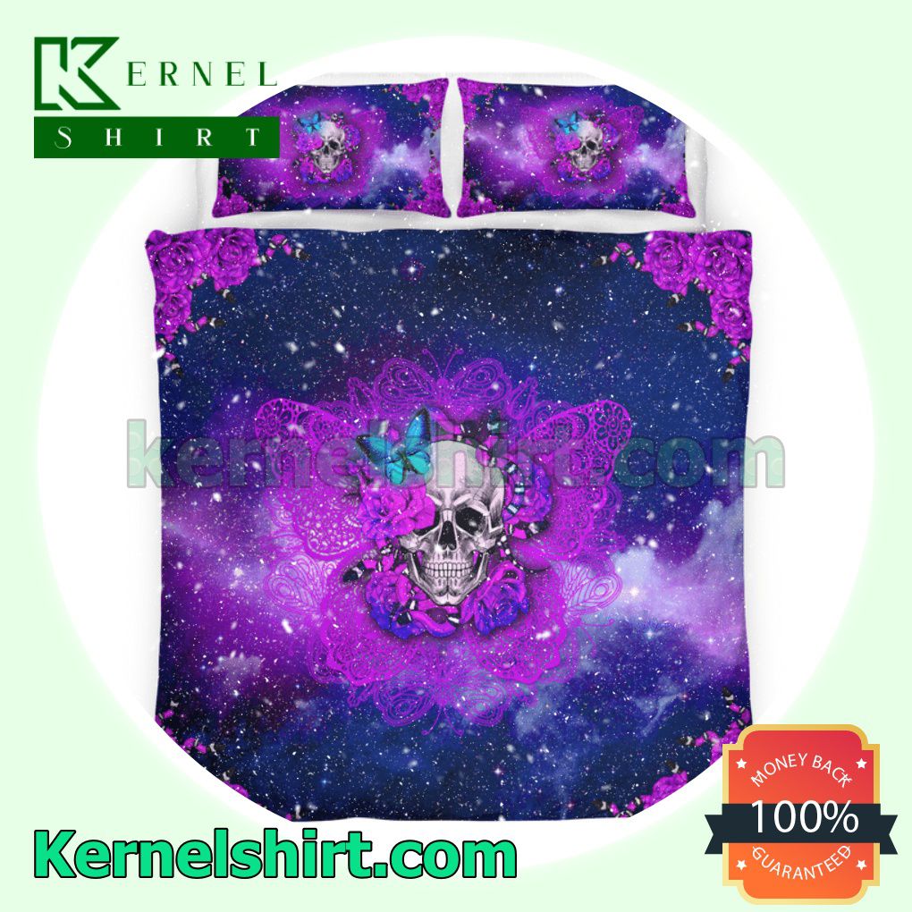 Skull Butterfly Purple Galaxy Halloween Queen King Twin Duvet Cover Set
