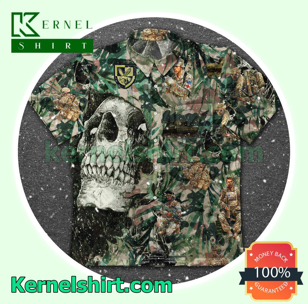 Skull Veteran Soldier Leaf Print Beach Shirt
