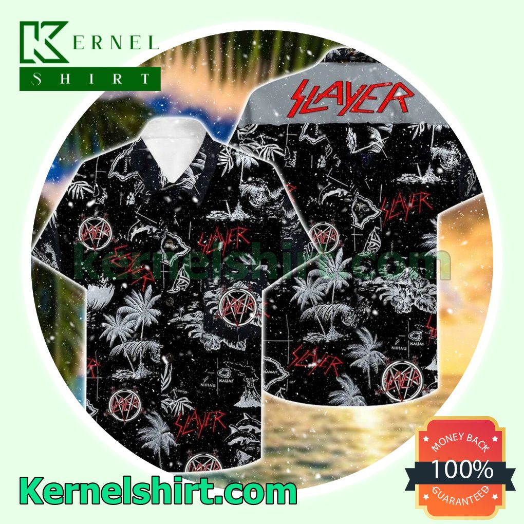 Slayer Band White Pattern Black Beach Shirt