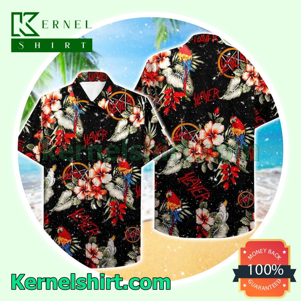 Slayer Parrot Hibiscus Black Beach Shirt