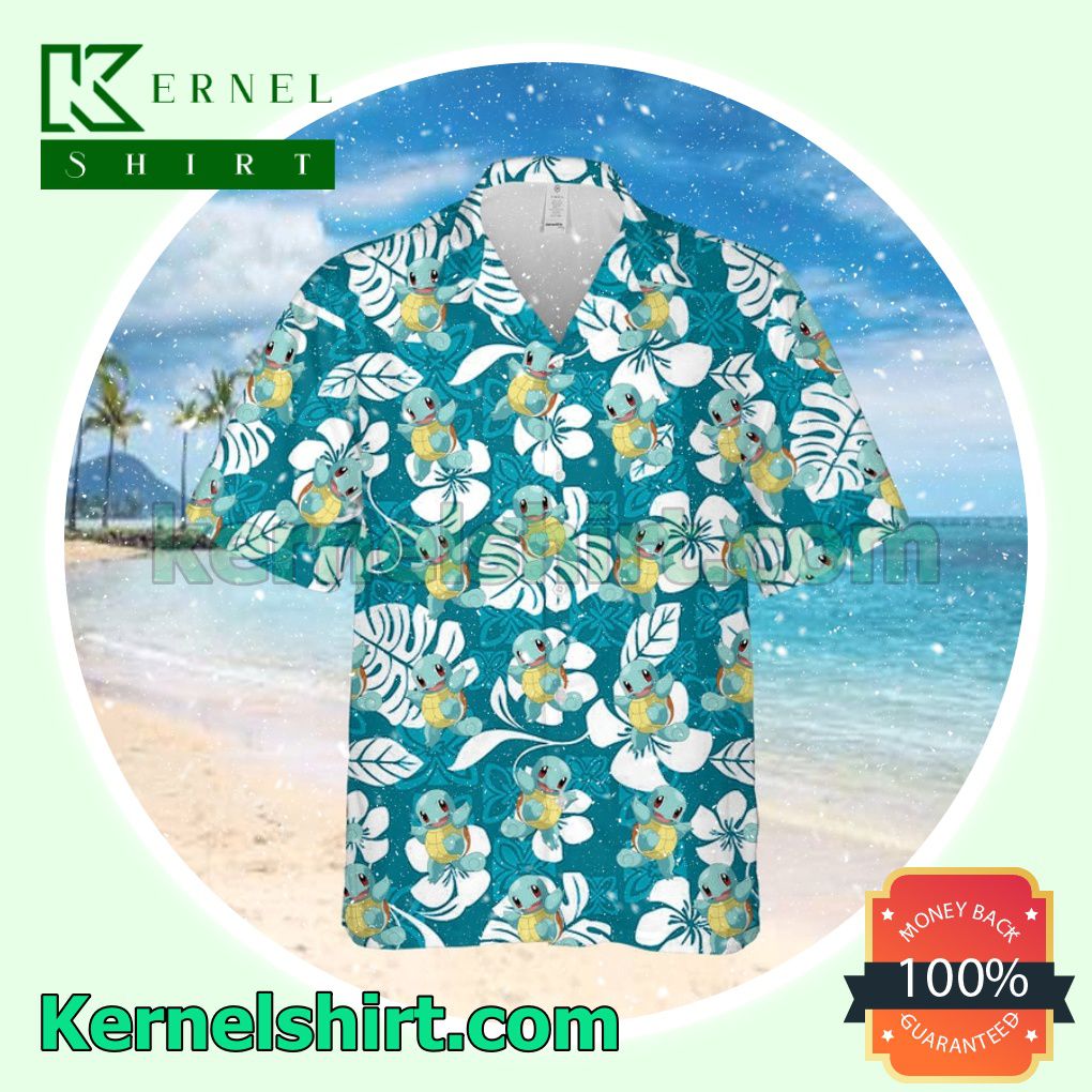 Squirtle Pokemon Floral Pattern Teal Aloha Beach Hawaiian Shirt