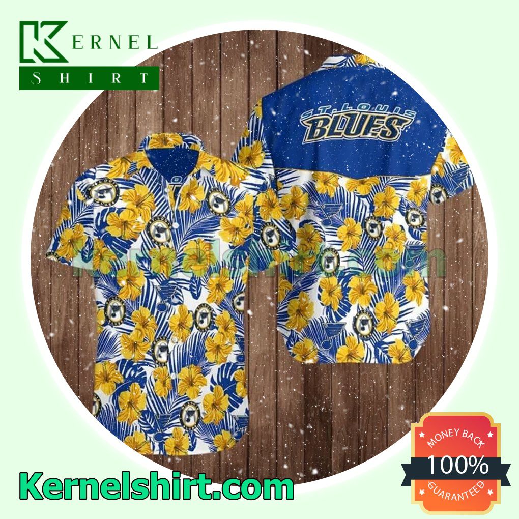 St Louis Blues Yellow Hibiscus And Blue Palm Leaves Beach Shirt