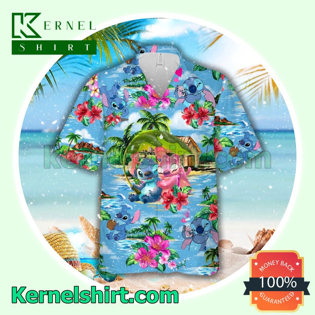 Stitch And Angel Happily In Love Blue Aloha Beach Hawaiian Shirt