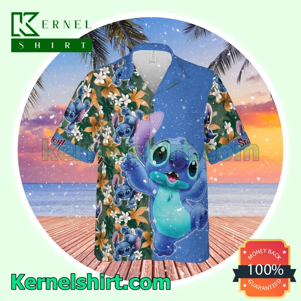 Stitch Disney Cartoon Graphics Floral Pattern Blue Aloha Beach Hawaiian Shirt