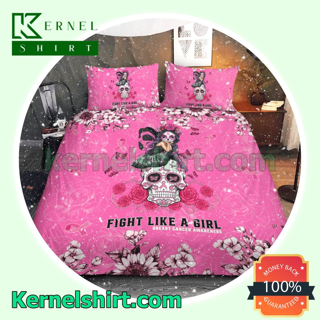 Sugar Skull Fight Like A Girl Breast Cancer Awareness Queen King Twin Duvet Cover Set a